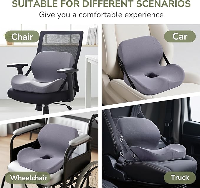 EGOHOME L-Shaped Seat Cushion for Office Chair & Car, Memory Foam Coccyx Cushion with Lumbar Support - Relieves Tailbone, Sciatica, Lower Back Pain, Adjustable Strap & Non-Slip Bottom, Grey