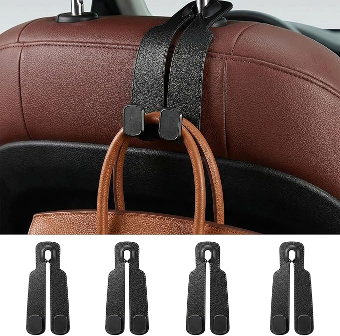 Car Headrest Hooks-4 Pack Heavy Duty Seat Hooks for Car Organizing, Universal Hanging Hooks for Purses Handbags Grocery Bags Coats, No-Slip Durable Car Accessories