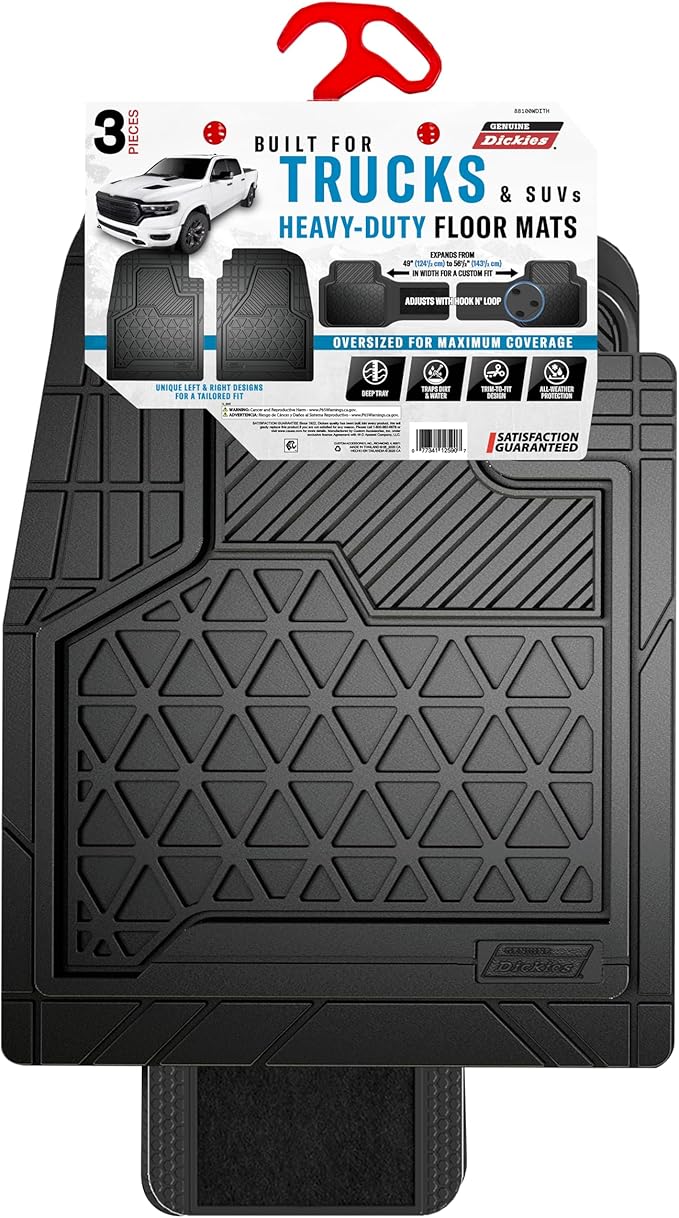 Dickies 3-Piece Black Adjustable-Runner Truck Floor Mats, Heavy-Duty Mats for Trucks — Black