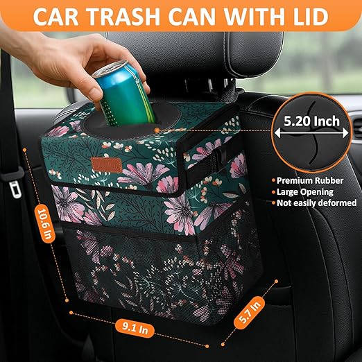 Vankor Car Trash Can for Car Cute, Bag Bin Hanging Waterproof Automotive Garbage Cans Leak Proof Vehicle Trash Can Navy Floral