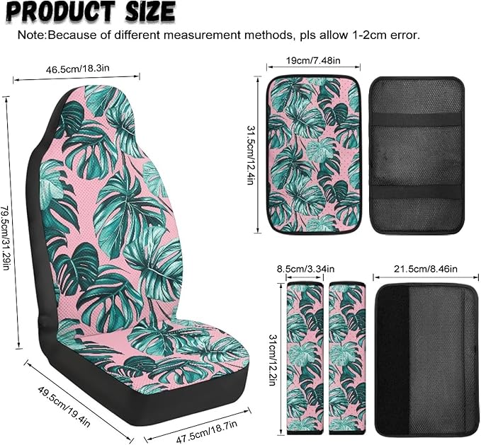 Qeluxign Monstera Leaf Car Seat Cover Set with Armrest Cover Cushion PU Automotive Car Cover and Seat Belt Shoulder Straps Pad, Universal Fit for Truck Sedan SUV, Pack of 5