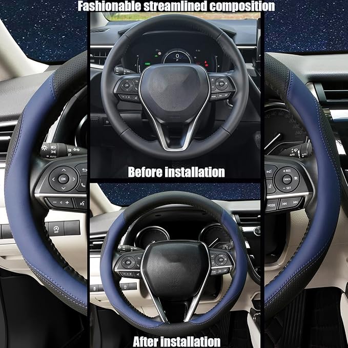Mihecor Steering Wheel Cover Standard Size 14.5-15 inch, Breathable Microfiber Leather, Anti-Slip, Soft Grip, Fits Most Cars, SUVs, and Trucks, Black and Blue