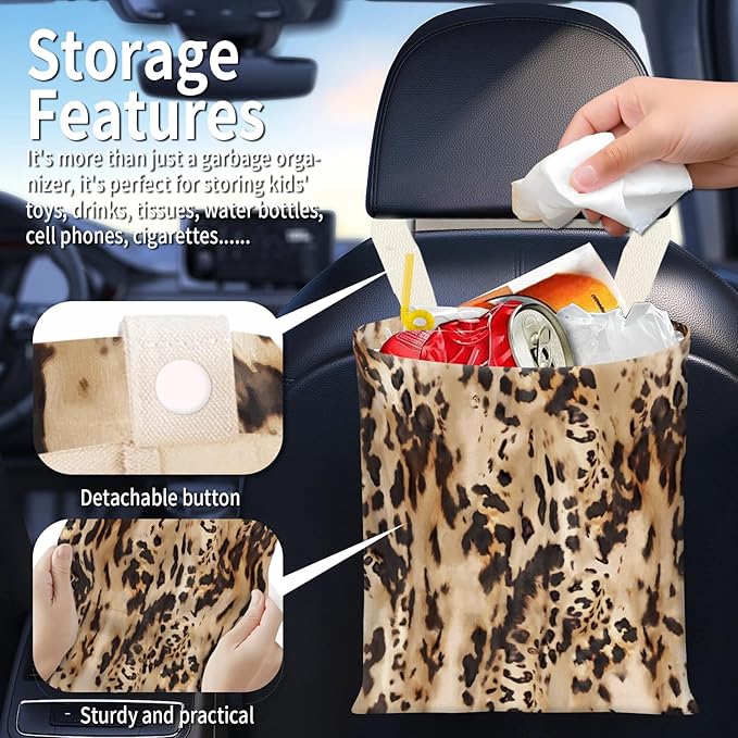 BEAKND Hanging Car Garbage Bag, Cute Car Trash Can Bag, Automotive Accessories for Women Men Retro Brown Animal Skin