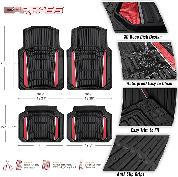 CAR PASS Heavy Duty Rubber Car Floor Mats, Deep Waterproof Car Floor Mats All Weather, Aluminum Film Floor Mats for Cars Non-Slip Universal Trim to Fit for SUVs Trucks Sedans Vans, Black Red Metallic