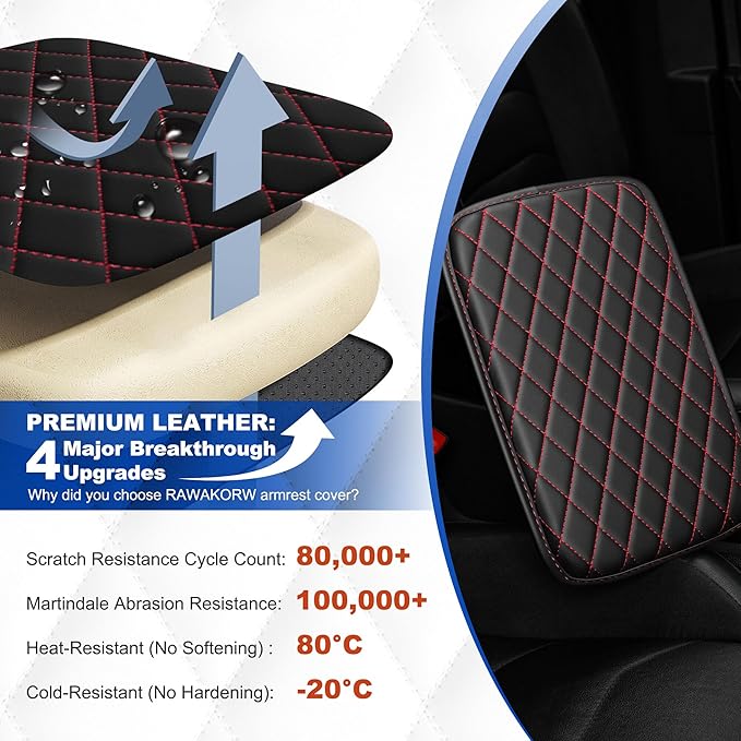 Center Console Cover Fit for Nissan Rogue 2008-2020 Leather Armrest Covers with 2 Storage Bags Car Armrest Storage Box Car(Black&Redline)