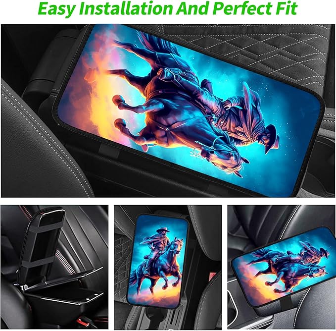 JANENFNA Car Armrest Cover Pads Universal Fashion Cute Auto Center Console Armrest Cover Pad with 2PCS Car Coasters Soft Waterproof Car Armrest Seat Protector for Women,Cowboy Horse