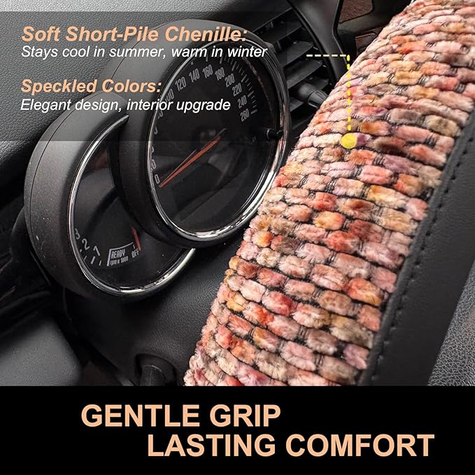 PINCTROT Large Size Chenille Leather Steering Wheel Cover, Soft Mottled Colors, Sweat-Proof, Non-Slip Grip, All-Season Comfort, 15.5-15.75 Inch(Mottled Red)