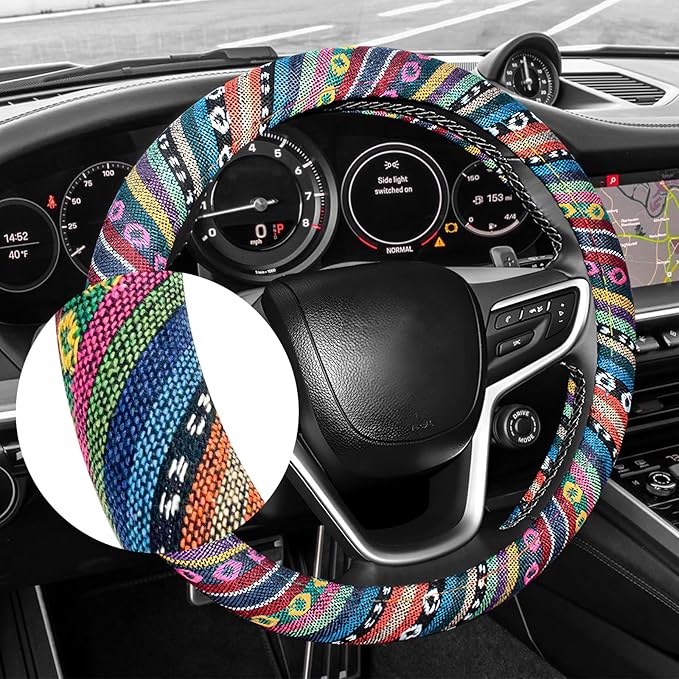 Boho Car Steering Wheel Cover, Ethnic Style Anti-Slip Coarse Flax Cloth Auto Wheel Cover, Bohemian Steering Wheel Protector for Most SUVs Vans Trucks, Car Accessories (Style A)
