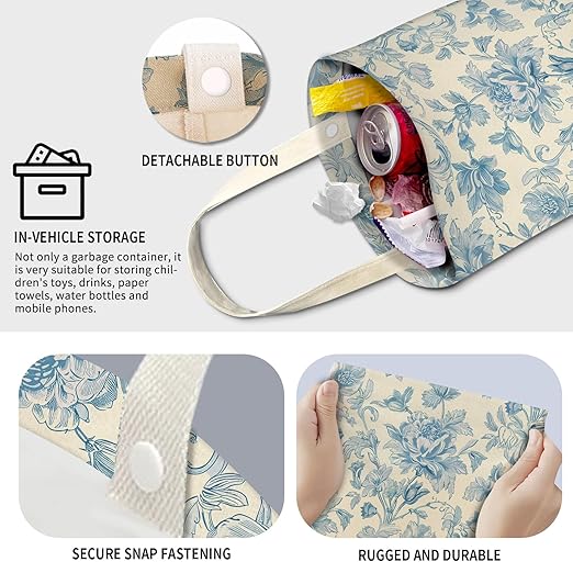 AXZOPDE Cute Car Trash Can, Hanging Canvas Car Back Seat Organizer and Storage Bag, Funny Car Trash Bag For Travelling, Outdoor Watercolor Blue Flower