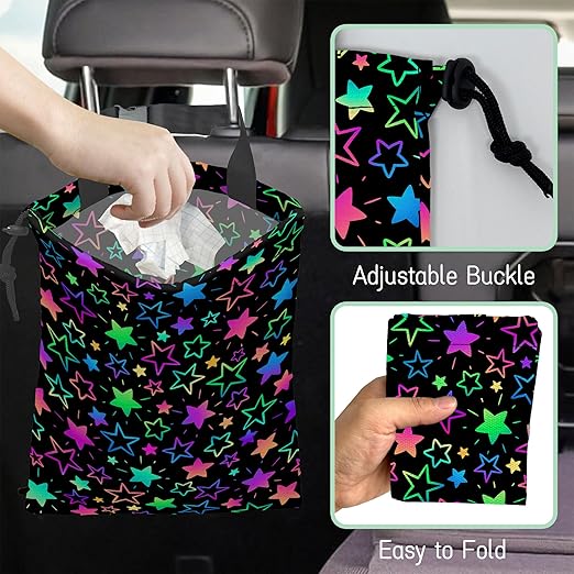 NHNXHWIA Colorful Stars Car Trash Bag,Neon Stars Hanging Drawstring Car Garbage Bag,Waterproof Canvas Car Back Seat Organizer with Adjustable Buckle,for Vehicles,SUVs,Camping,Road Trips