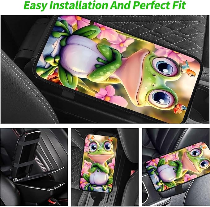 JANENFNA Car Armrest Cover Pads Universal Fashion Cute Auto Center Console Armrest Cover Pad with 2PCS Car Coasters Soft Waterproof Car Armrest Seat Protector for Women,Pink Flower Frog