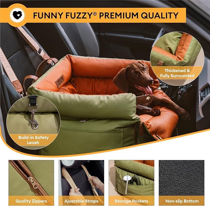 FUNNYFUZZY Leather Dog Car Seat for Small ＆ Medium Sized Dogs Up to 35lbs, Waterproof and Washable Dog Booster Seat Car Bed for Travel and Home,Portable and Safety(Green)