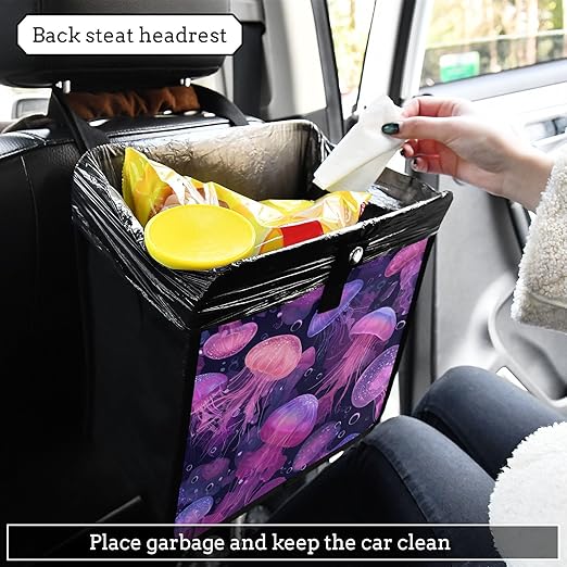 Car Trash Can Organizer Bin with Adjustable Strap for Back Front Seat Console Waterproof Leakproof Collapsible Portable 11 Inch Jellyfishes and Bubbles Pink