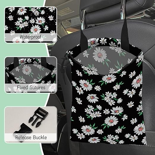 NHNXHWIA White Daisy Car Garbage Bag,Waterproof Small Car Trash Bag Hanging Back of Seat,Drawstring Hanging Car Trash Bag with Adjustable Buckle for Car Accessories