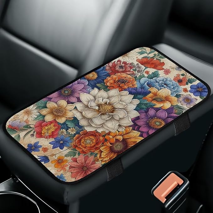 Bulopur Hippie Flower Armrest Cover Car Center Console Cover Easy to Install Car Armrest Cushion Flannel Protector Protect from Pet Claws Thickened Fit for Most Cars, Vehicles, SUVs