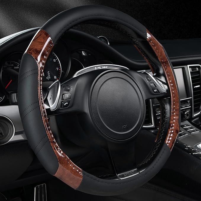 CAR PASS Wood Grain Microfiber Leather Sporty 14.5-15 inch Steering Wheel Cover Universal Fits for 95% Truck,SUV,Cars, Anti-Slip Safety Comfortable Design (Black Wood Grain)