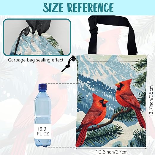 KXWQTRDD Red Cardinals Pine Branch Car Garbage Bag Snowy Mountain Hanging Canvas Car Trash Bag Drawstring Car Back Seat Organizer for Car Back Front Seat Console with Adjustable Buckle