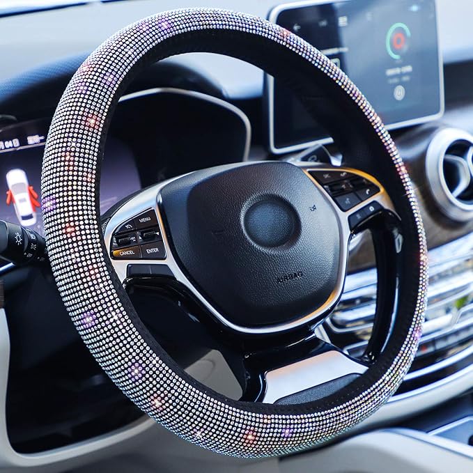 Car Sparkly Steering Wheel Cover Bedazzled for Women Girls, Large Size 15 1/2''-16'' inch Colorful Bling Anti-Slip Wheel Protector, Black