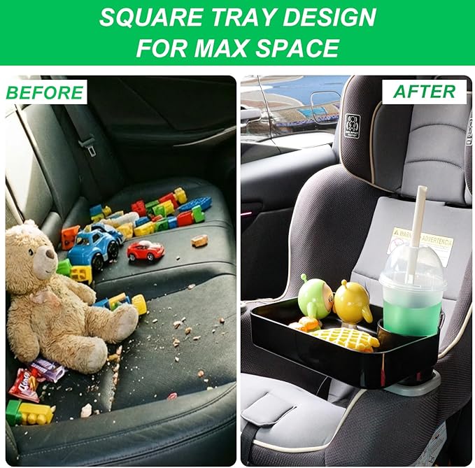 Car Seat Snack Tray for Kids, Square Car Seat Cup Holder Snack Tray with Adjustable Base, Durable CarSeat Tray for Toddlers, Universal Fit for Tesla, Safety Seats, Car Center Consoles (Black)