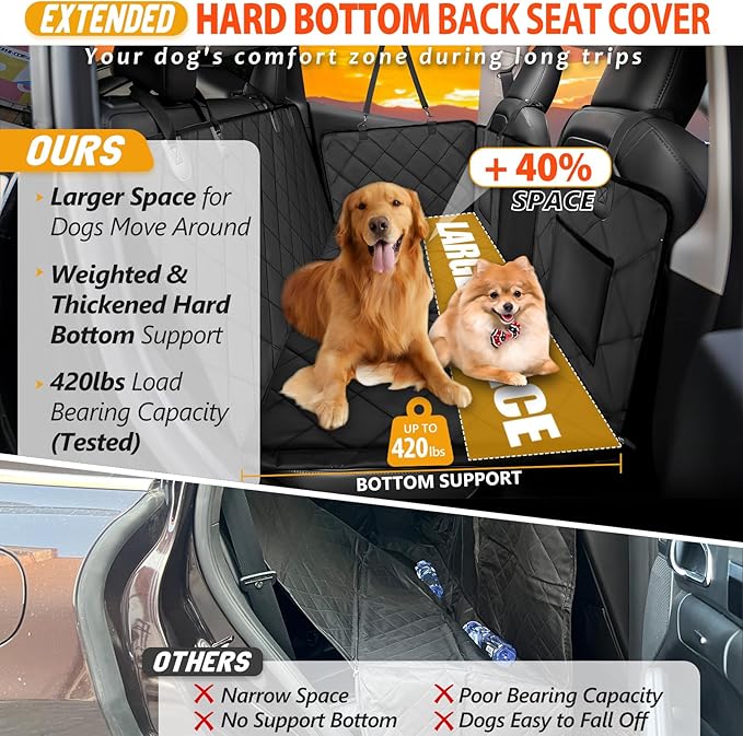ROUWINNE Back Seat Extender for Dogs-Large Space, Dog Car Seat Cover Hard Bottom Holds 420lbs, Sturdy Backseat Extender for Dogs,Upgraded Material Waterproof Pet Car Bed Dog Hammock for Car, SUV,Truck