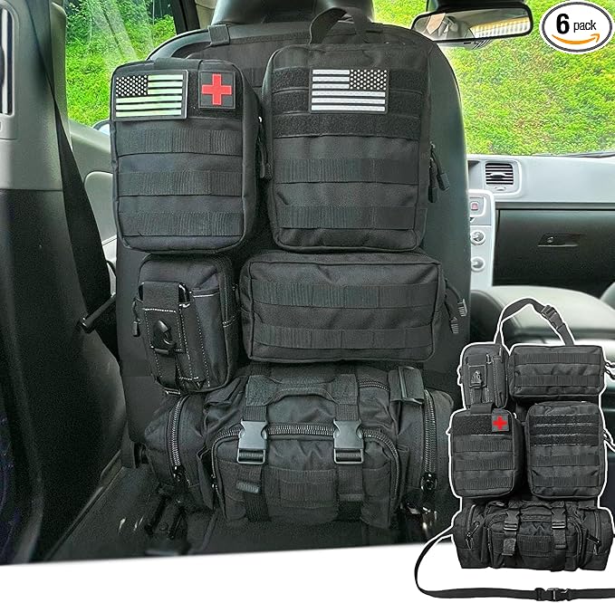 MEAUTELE Tactical Car Seat Back Organizer With 5 Detachable Pouches Upgrade Tactical Molle Vehicle Panel Organizer Universal fits for Most of Car Truck Ford Jeep Vehicle