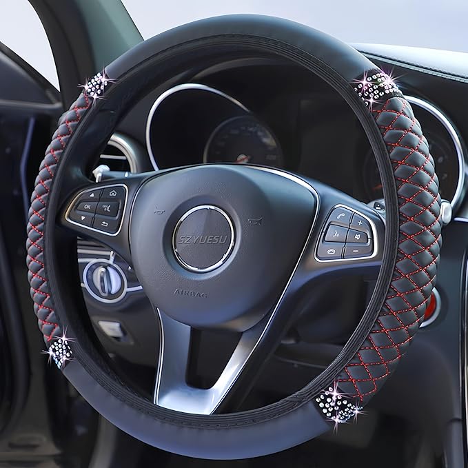 Bling Soft Leather Steering Wheel Cover 15 Inch with Sparkly Diamond Rhinestones for Women and Girls – Elastic Car Accessory for Most Cars (Red Line)