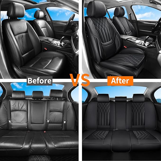 GEZHOUBA Full Coverage Car Seat Covers Full Set Waterproof, Luxury Leather Automotive Seat Covers Car Seat Protector, Front & Rear Seats Cover Sets Universal Fit for Most Vehicles Sedans SUVs, Black