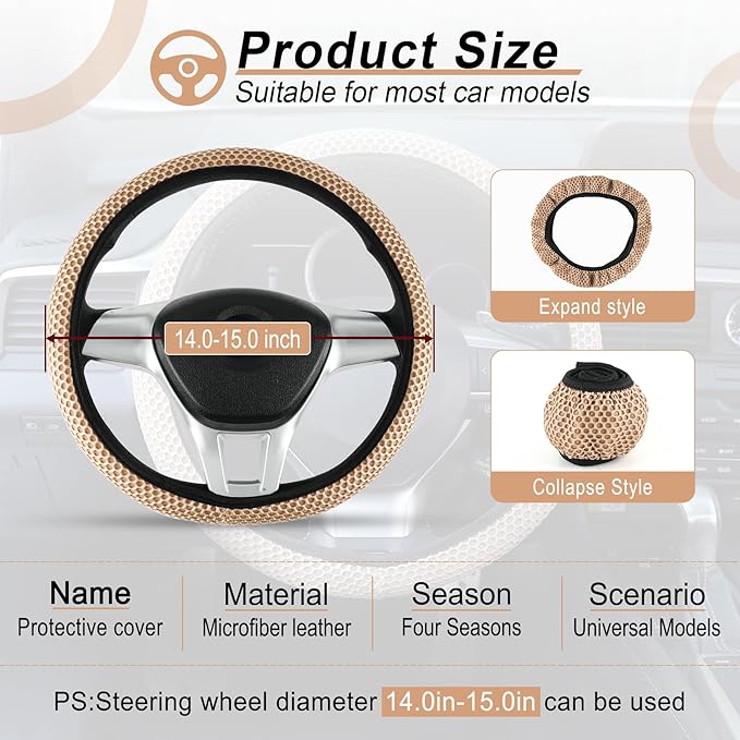 Alpmosn Elastic Stretch Steering Wheel Cover, Breathable Microfiber Ice Silk, Anti-Slip, Car Interior Accessories Fits for 14"-15" Steering Wheel Covers for Women & Men(Beige)