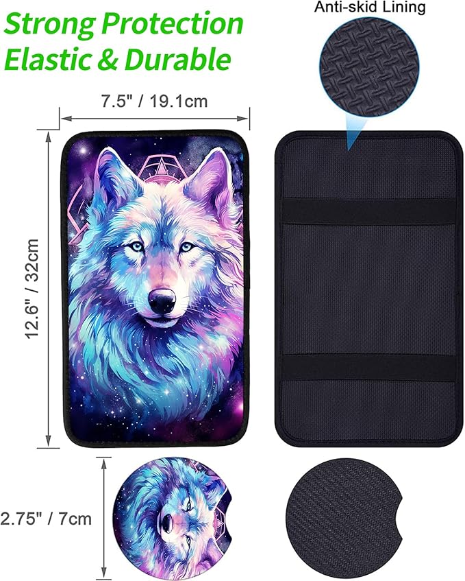 JANENFNA Car Armrest Cover Pads Universal Fashion Cute Auto Center Console Armrest Cover Pad with 2PCS Car Coasters Soft Waterproof Car Armrest Seat Protector for Women,Cosmic Wolf