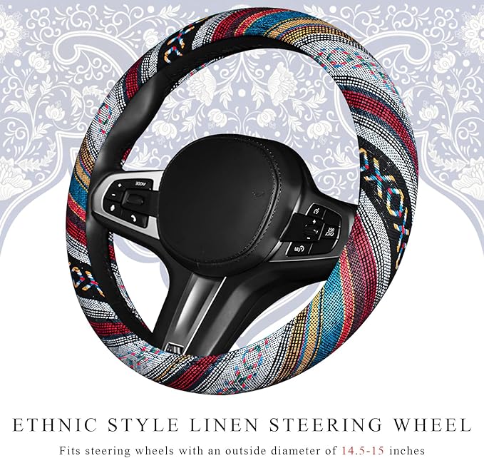 Boho Car Steering Wheel Cover, Ethnic Style Anti-Slip Coarse Flax Cloth Auto Wheel Cover, Bohemian Steering Wheel Protector for Most SUVs Vans Trucks, Car Accessories (Style D)