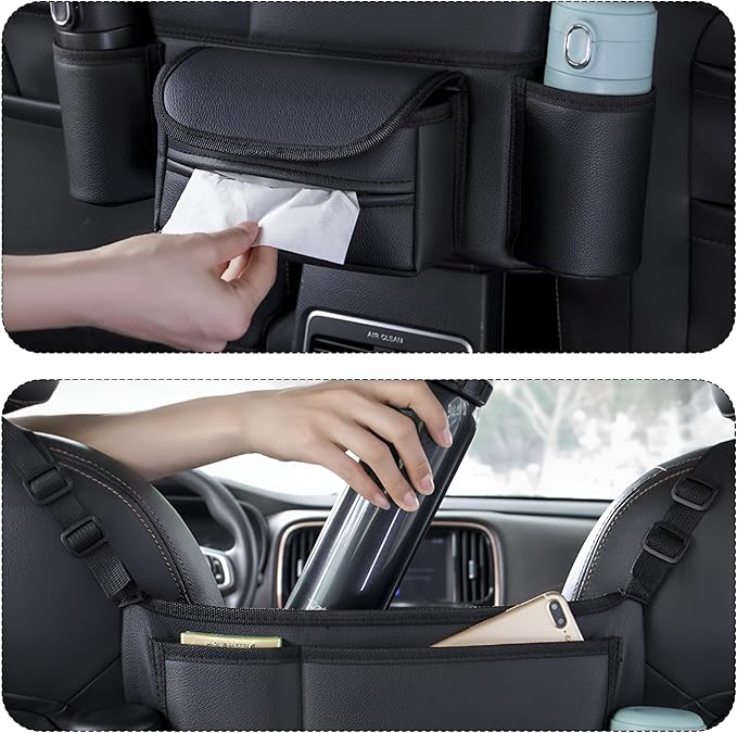 Car Handbag Holder Between Seats, Leather Large Capacity Vehicle Front Seat Storage Bag with Tissue Holder, Multi-Pocket Automotive Console Organizer, Universal for SUV RV Truck (Style1)