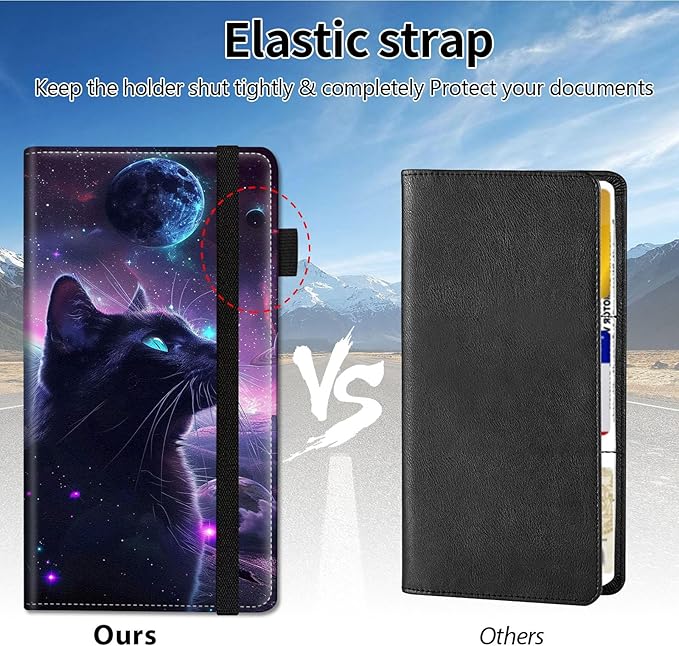 Qindaiwen Car Registration and Insurance Holder, Vehicle Card Document Elastic Band Closure Glove Box Organizer, Driver License Cards, Car Accessories for Essential Info, Galaxy Cat 02