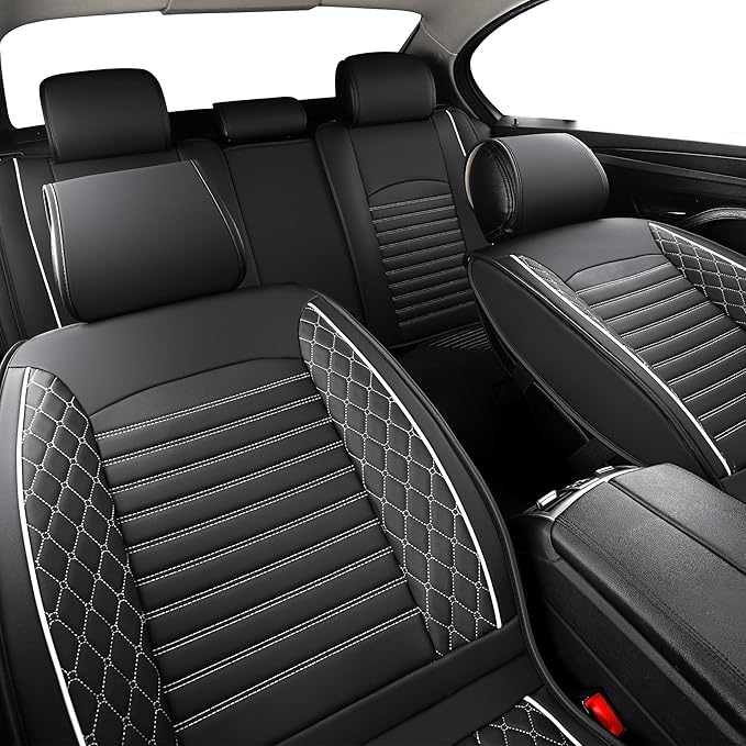 Vankerful Leather Seat Covers for Cars,Car Seat Covers Full Set,Automotive Seat Covers for Trucks,SUV,Leatherette,Universal Fit,Airbag Compatible Vehicles Seats Cushions(Full Set,Black-White)