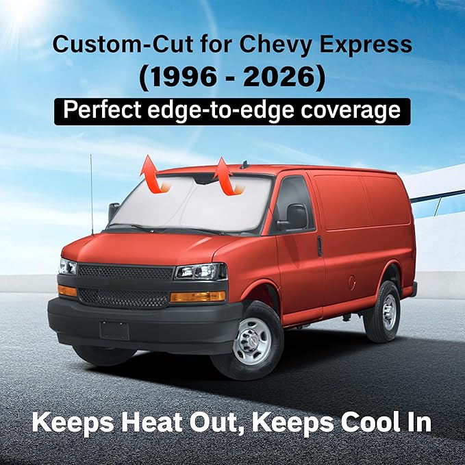 EcoNour Windshield Sun Shade Compatible for Chevrolet Express 1996–2026 | Custom Fit Van Front Window Sunshade | Foldable UV & Heat Blocker | Reflective Sun Visor