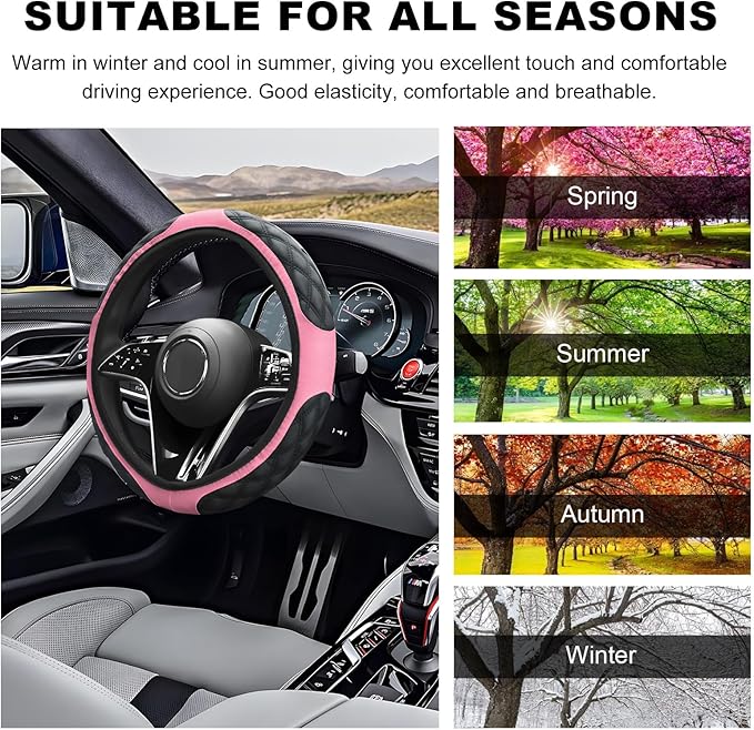 Car Steering Wheel Cover, 15 Inches Non-Slip Leather Car Steering Wheel Protector, Universal Steering Wheel Soft Cover Mats for Car Truck SUV, Interior Car Accessories (Pink)