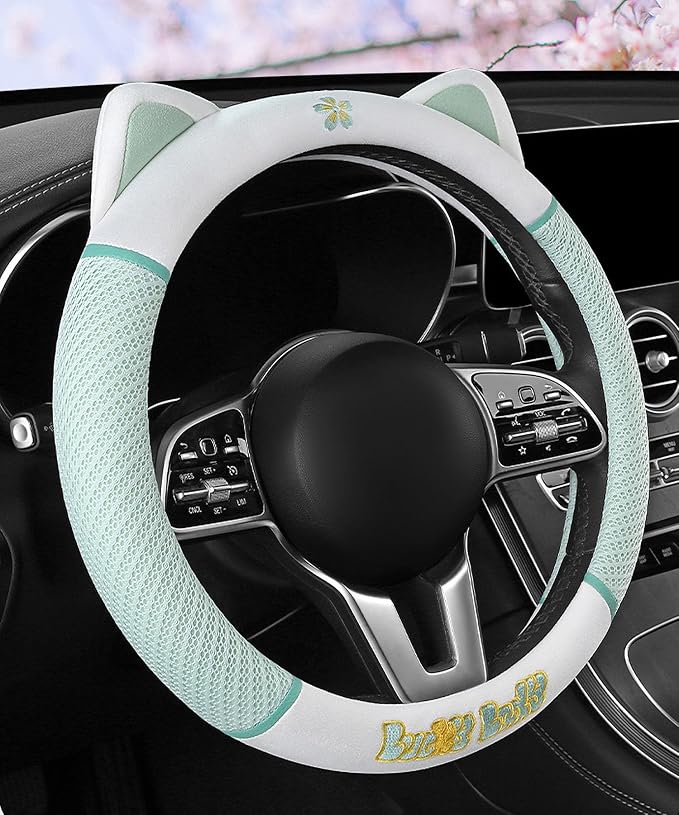 Women's Cartoon Steering Wheel Cover Comfortable, Breathable, Non-Slip All-Season Car Accessory Universal 15-inch Fit Suitable for Sedans, Pickup Trucks, and SUVs(Green)