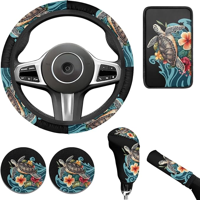 Blue Sea Turtle Steering Wheel Cover Sets Flower Print Car Accessories Handbrake Cover Cup Coaster Car Interiors Decor for Men Women 6pcs