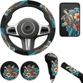 Blue Sea Turtle Steering Wheel Cover Sets Flower Print Car Accessories Handbrake Cover Cup Coaster Car Interiors Decor for Men Women 6pcs