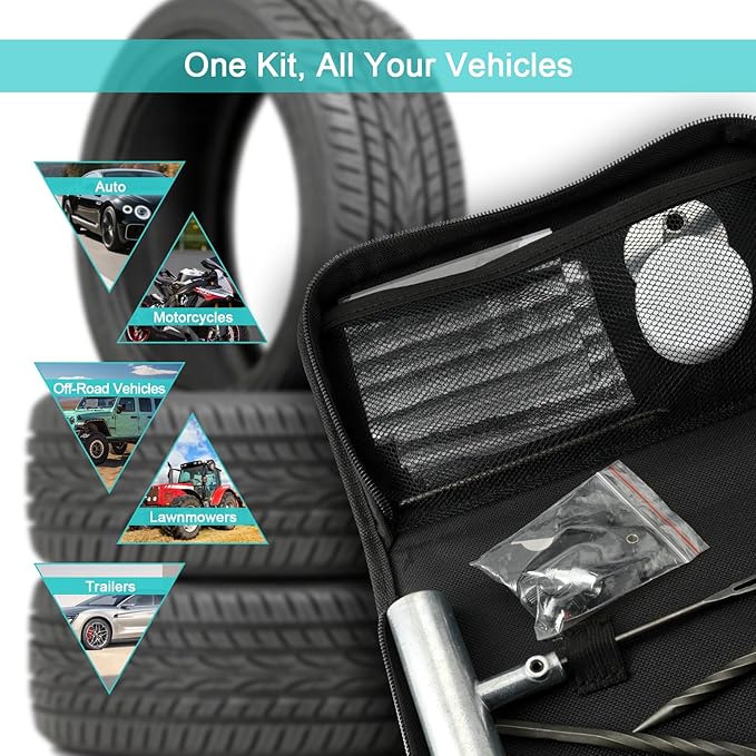 36PCS Heavy-Duty Universal Tire Plug Repair Kit – Car/Motorcycle/Truck/RV Emergency Flat-Tire Fix Set with T-Handles, 20 Self-Vulcanizing Plugs, Valve Tools & Compact Storage Bag
