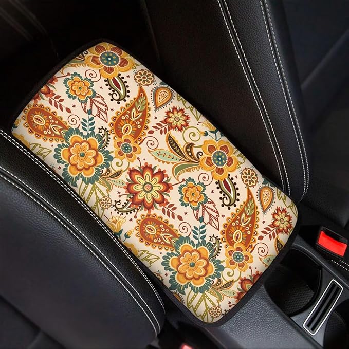 Horeset Retro Flower Auto Center Console Arm Rest Pad Fit SUV Sedan Truck Non-Slip Car Accessories Interior Decor