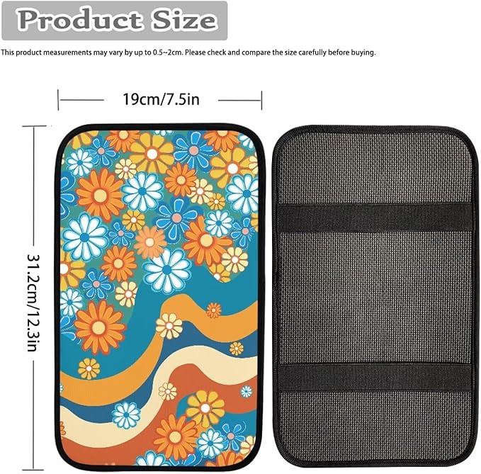 Hippy Floral 70s Car Armrest Cover Pad for Women Breathable Soft Center Console Arm Rest Protector Cover Universal SUV Vehicle 70s Car Accessories