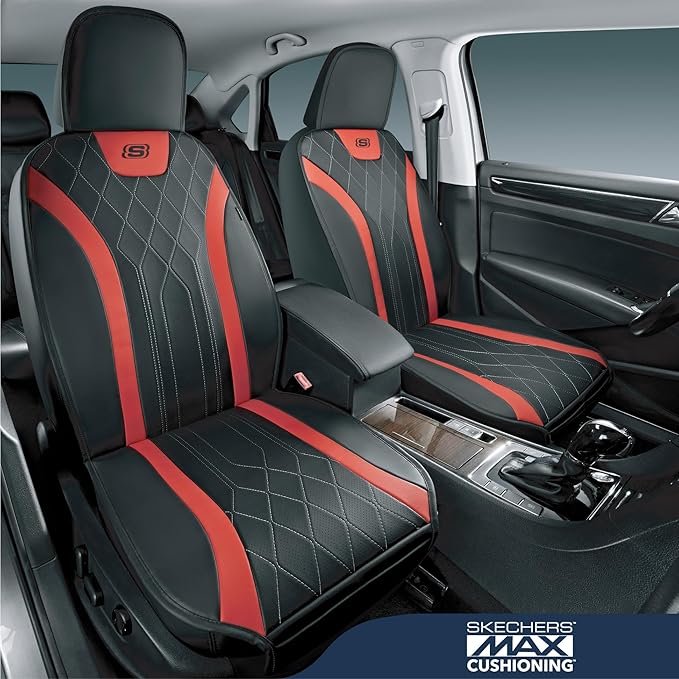 Skechers MAX Cushioning Car Seat Covers,Memory Foam Leather Car Seat Protectors, Airbag Safe Waterproof Sideless Front Seat Covers with Storage Pocket,Universal Fit for Cars Trucks SUV, Red 2PCS
