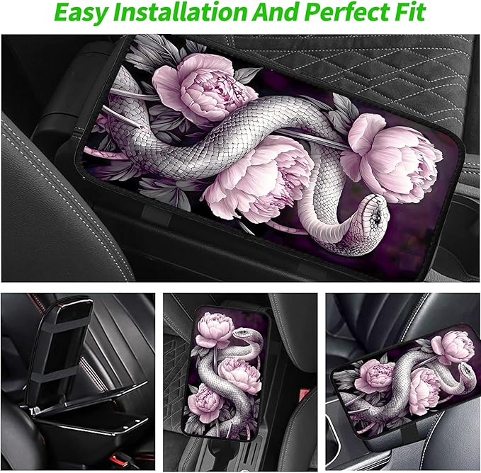 JANENFNA Car Armrest Cover Pads Universal Fashion Cute Auto Center Console Armrest Cover Pad with 2PCS Car Coasters Soft Waterproof Car Armrest Seat Protector for Women,Snake Pink Peonies