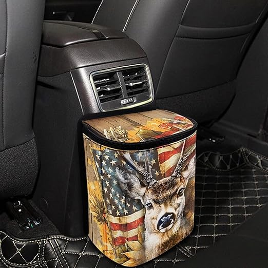 Talayituse Deer Sunflower Print Car Trash Can with Lid, American Flag Wood Leak Proof Auto Trash Bag Hanging Vehicle Garbage Can Multipurpose Storage Container for Back Seat Road Trip
