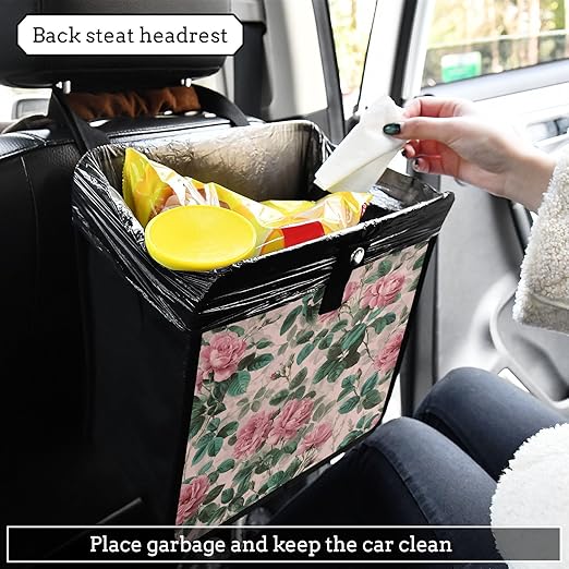 Car Trash Can Organizer Bin with Adjustable Strap for Back Front Seat Console Waterproof Leakproof Collapsible Portable 8.66 Inch Pink Vintage Roses with Leaves