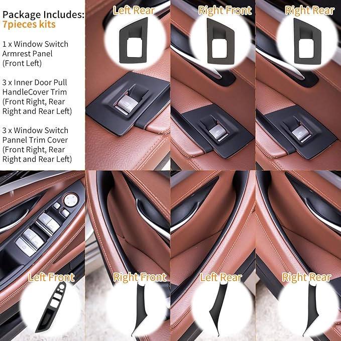 BJchiwu 7pcs No-Remove Interior Door Pull Handle Sticky Cover for BMW 5 Series F10/F11 520,523,525,528,530,535 (2010-2016) Fits Driver & Passenger Side Window Switch Armrest Panel (Black)