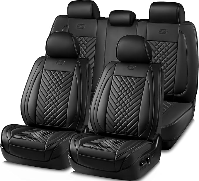Skechers Car Seat Covers,MAX Cushioning Memory Foam Piping Leather Seat Covers,Waterproof Car Seat Protector Full Set,Car Seat Cushion Airbag Universal Fit for Most Cars,Vans,Trucks,SUV,Black