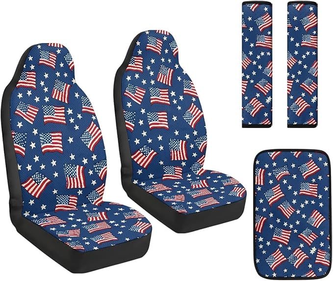 Qeluxign American Flag Star 5 Piece Car Accessories Set with 2 PU Leather Seat Covers, 2 Belt Pads & 1 Armrest Cover Fit for Most Vehicles Easy Install & Clean