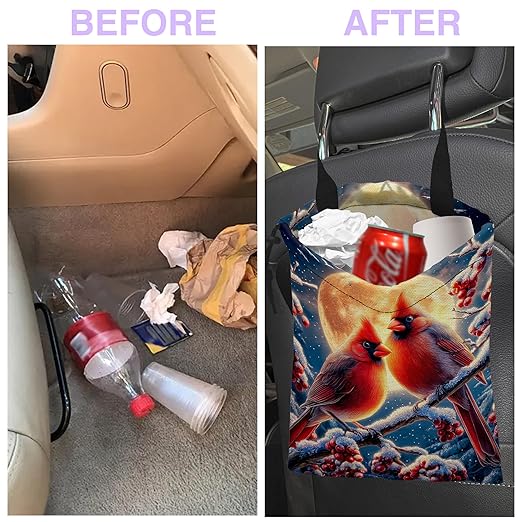 UUCBTAH Car Trash Bag Hanging Cardinals on Winter Night Car Trash Can for Back Seat Waterproof Car Garbage Can with Adjustable Straps and Drawstring for Car Accessories Vehicle Travelling Camping