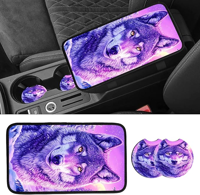 JANENFNA Car Armrest Cover Pads Universal Fashion Cute Auto Center Console Armrest Cover Pad with 2PCS Car Coasters Soft Waterproof Car Armrest Seat Protector for Women,Purple Snow Wolf